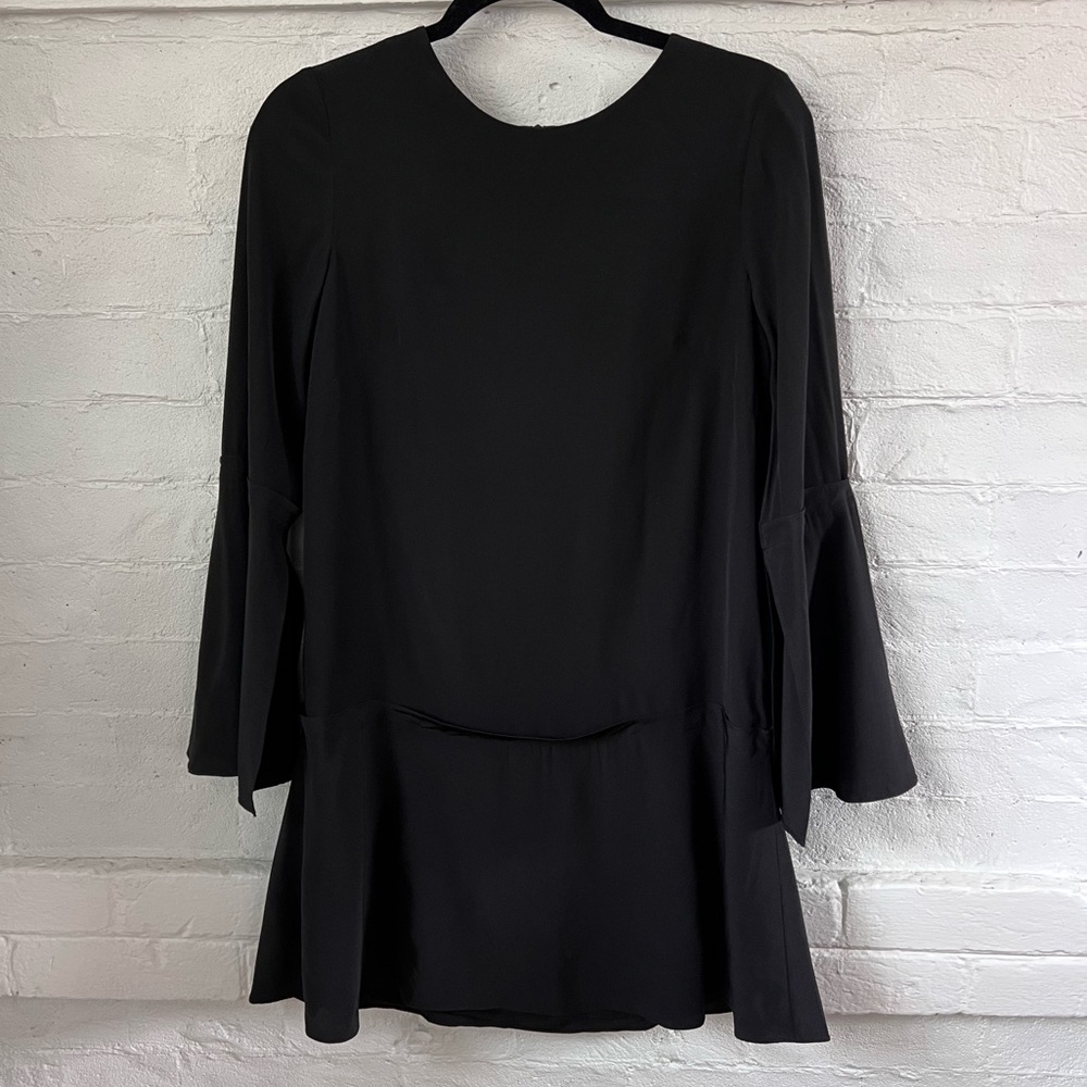 Tibi Silk Drop Waist Mini Dress Black Long Sleeve Shift Size 4 Natural Fiber LBD - Picture 11 of 16